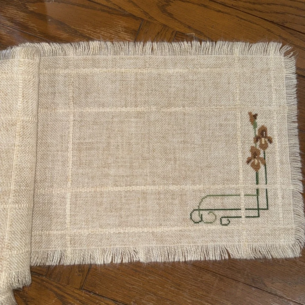 Cross Stitch Placemats 4 Tan Mat With Fringe With Brown Green Flowers 12
